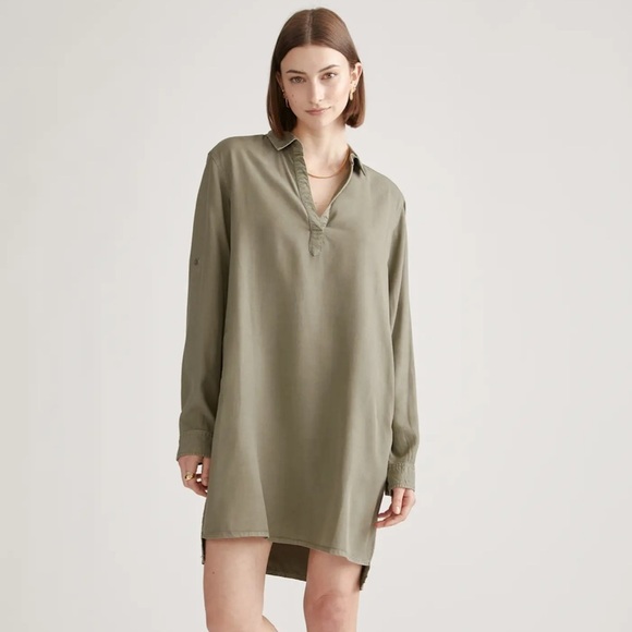 Quince 100% Lyocell Vintage Wash Tencel Roll Sleeve Tunic Dress Olive Green L - Picture 7 of 13